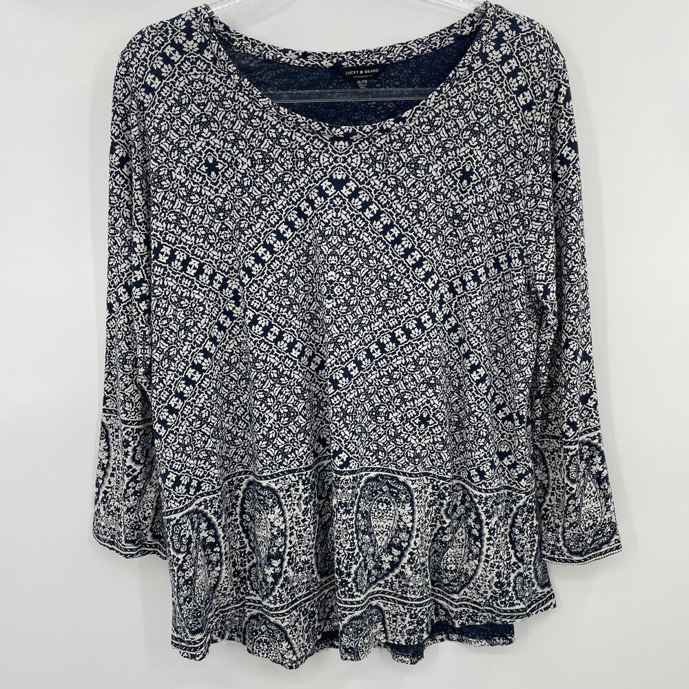 LUCKY BRAND Paisley Top Size XL Blue 3/4 Sleeve Round Neck Pullover Casual Shirt